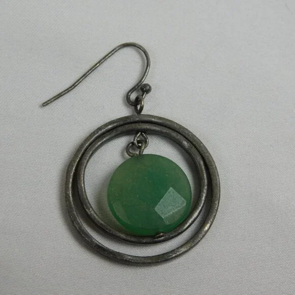 Silver Tone Double Ring Green Bead Dangle Fashion Earrings 1" Diameter Round - Picture 3 of 9